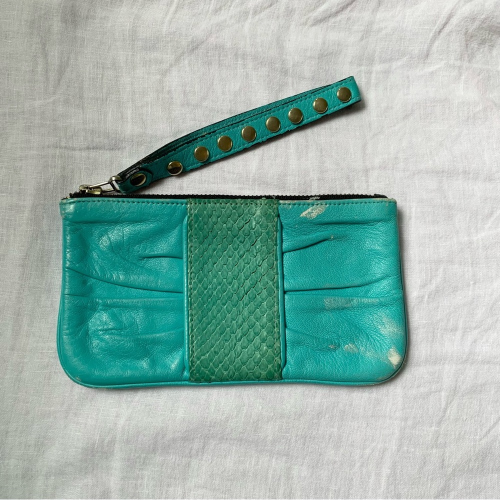 Be & D Small Mini Clutch Pouch blue turquoise leather python made in NYC